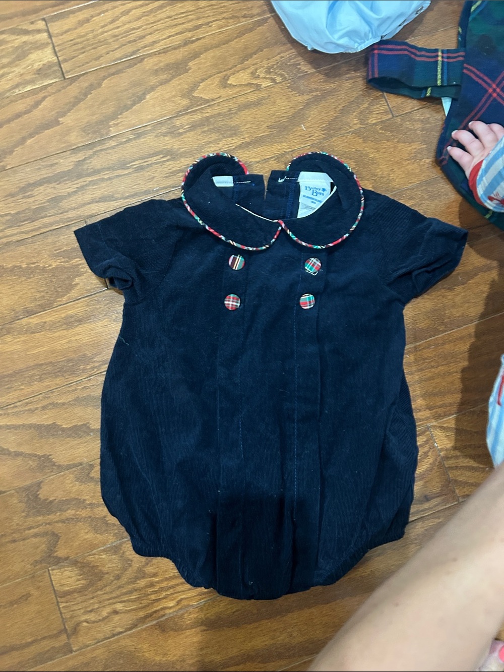 Bailey Boys Navy Corduroy Baby Romper with Plaid Trim 9M
